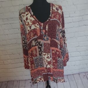 Kate & Same Size XXL V Neck Tunic Maroon Cream Patchwork Boho